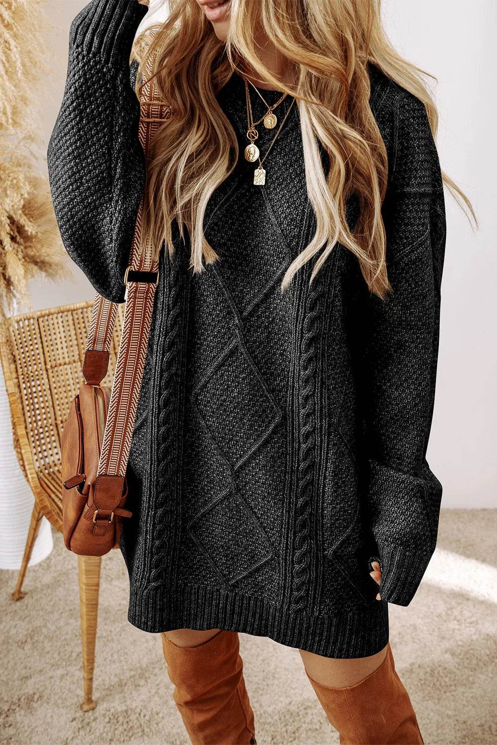 Cable-Knit Round Neck Sweater Dress - Delanoir