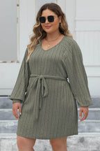Plus Size Ribbed Tie Front Long Sleeve Sweater Dress - Delanoir