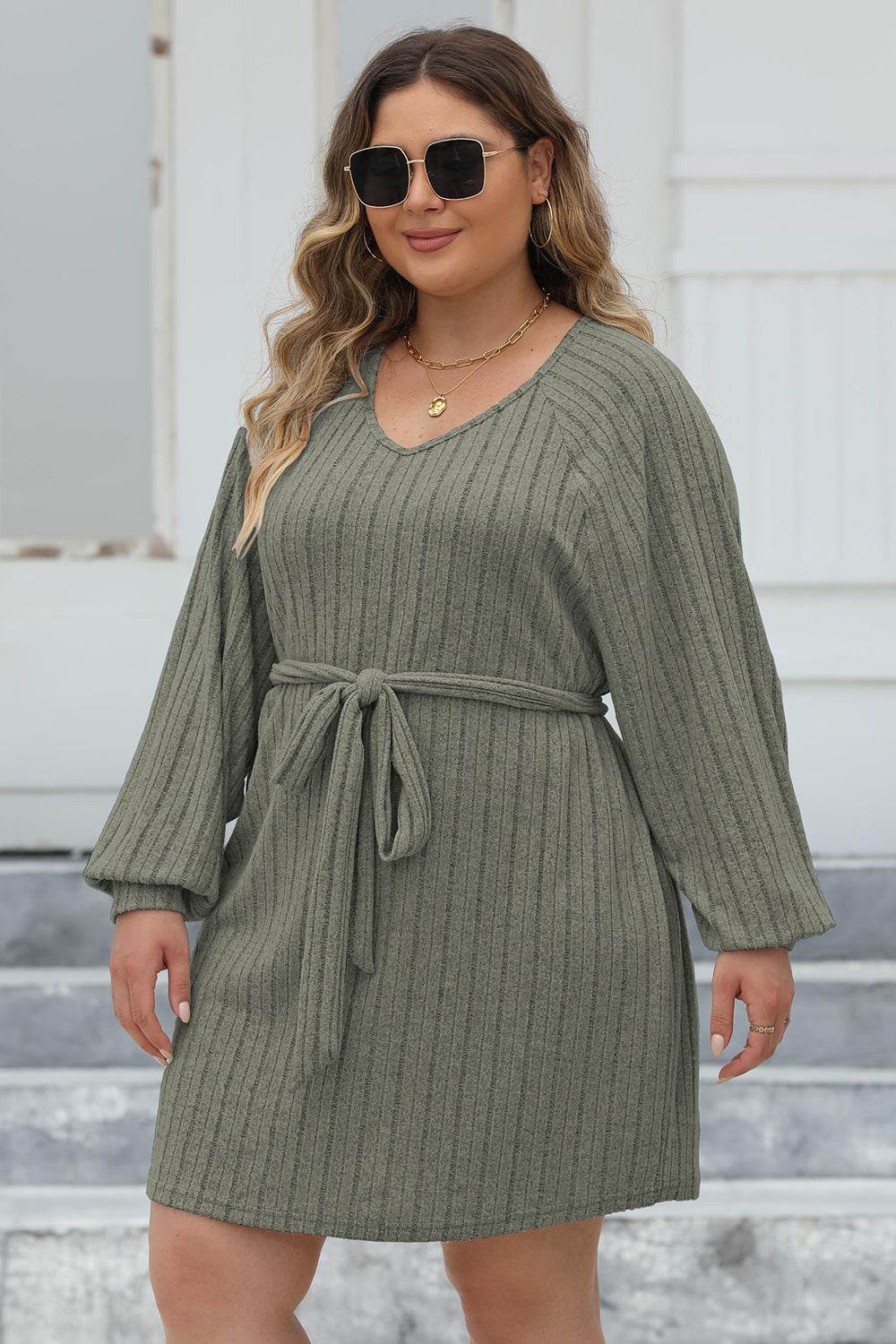 Plus Size Ribbed Tie Front Long Sleeve Sweater Dress - Delanoir