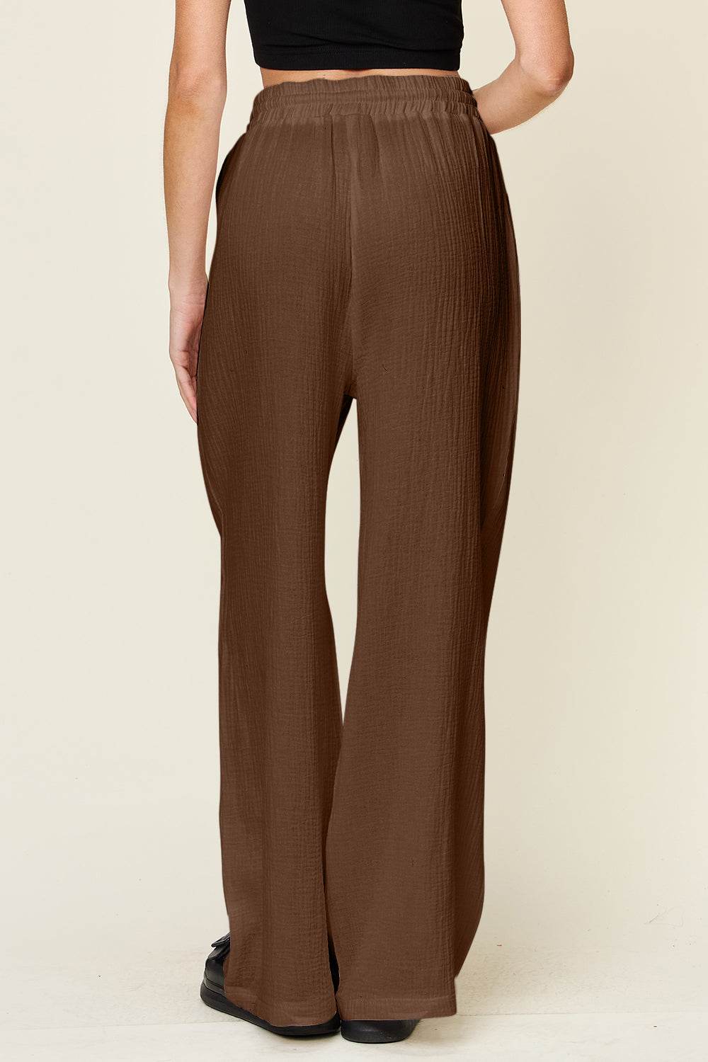 Double Take Full Size Texture Drawstring Wide Leg Pants - Delanoir