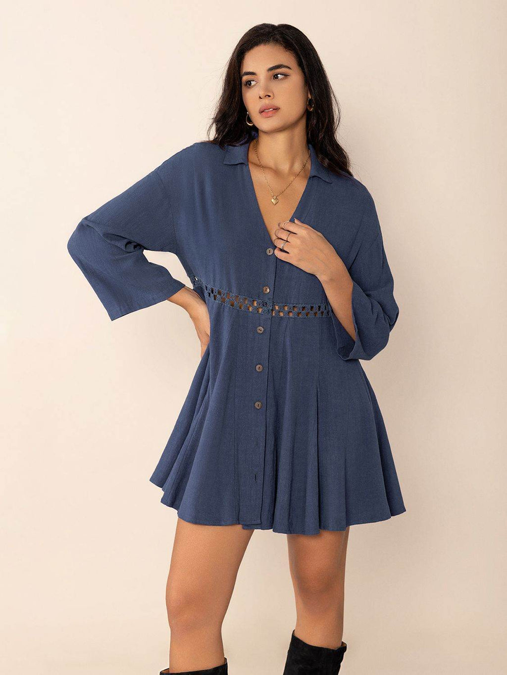 Cutout Johnny Collar Long Sleeve Mini Dress - Delanoir