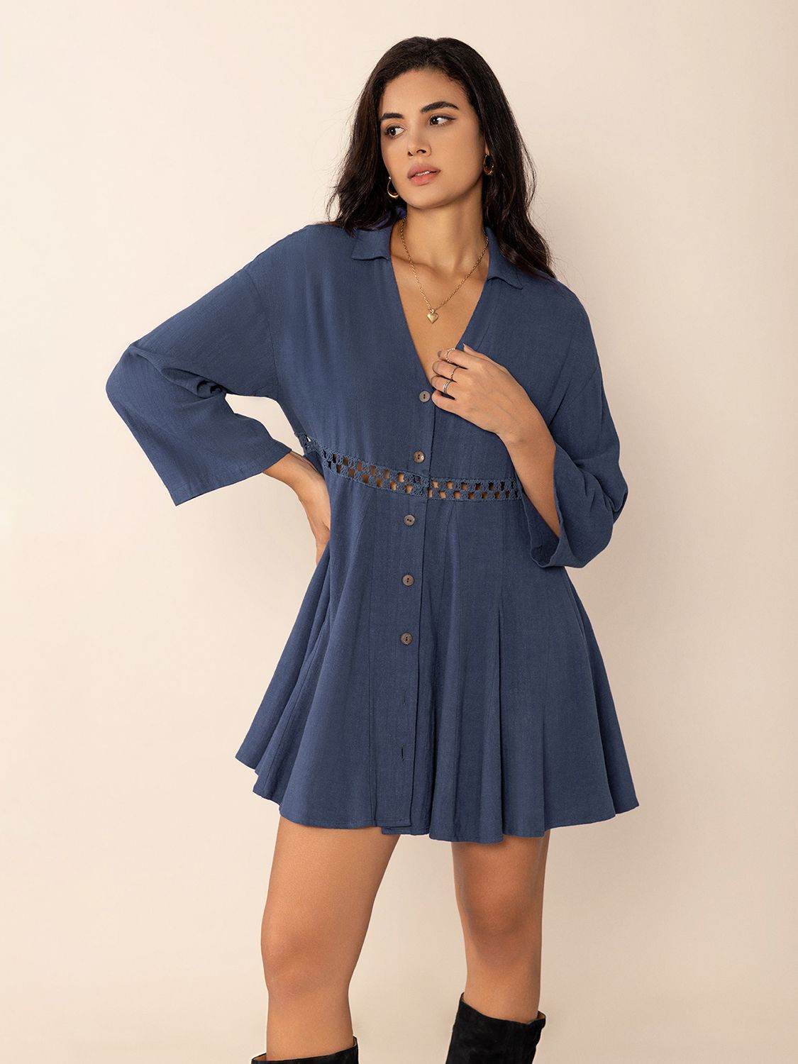 Cutout Johnny Collar Long Sleeve Mini Dress - Delanoir