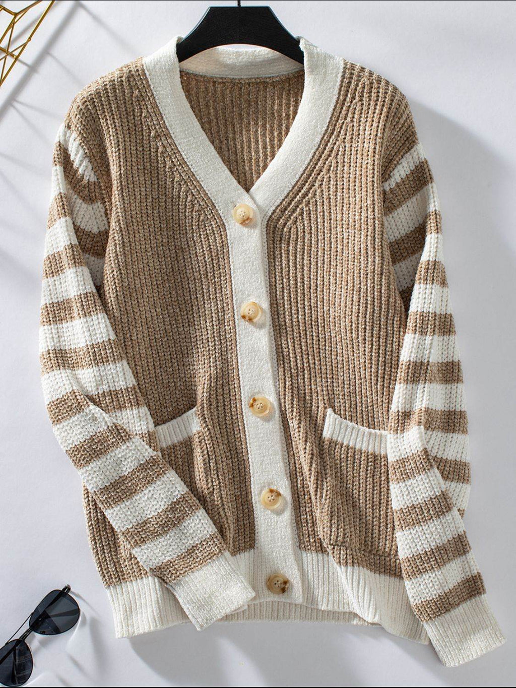 Striped Button Up Long Sleeve Cardigan - Delanoir