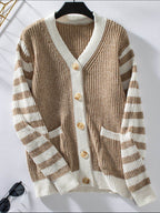 Striped Button Up Long Sleeve Cardigan - Delanoir