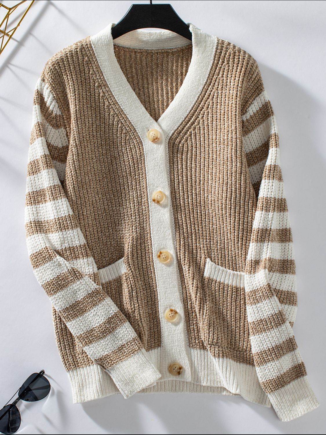 Striped Button Up Long Sleeve Cardigan - Delanoir