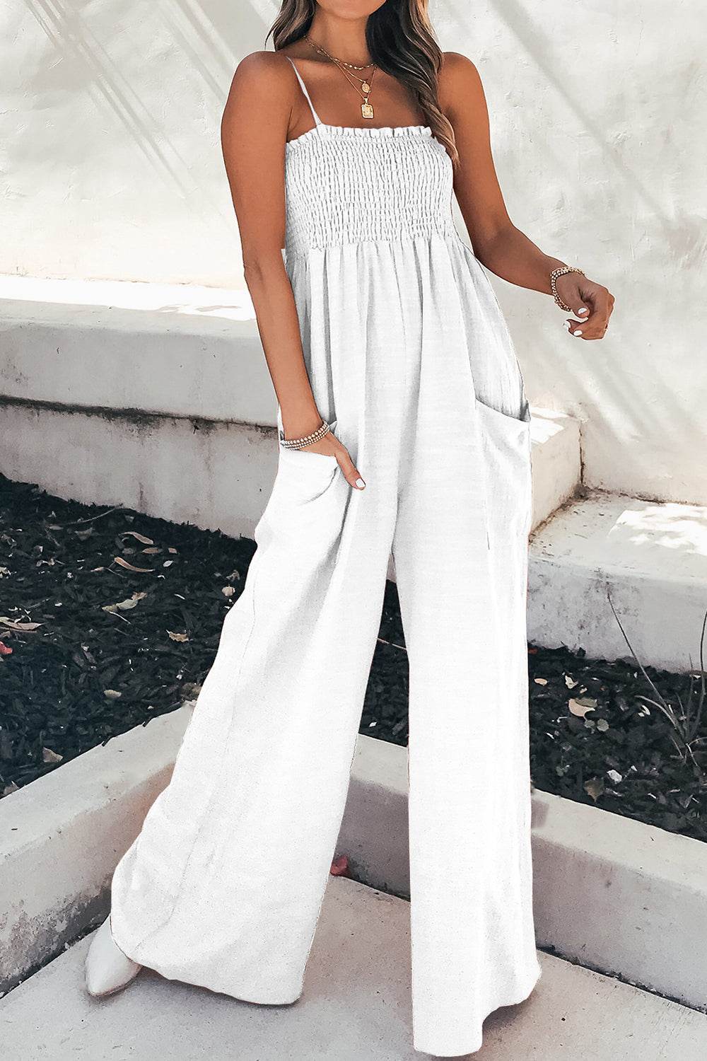 Smocked Spaghetti Strap Wide Leg Jumpsuit - Delanoir