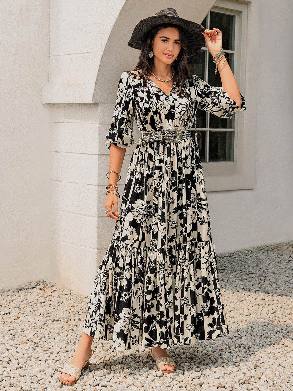 Smocked Printed Tie Neck Long Sleeve Dress - Delanoir
