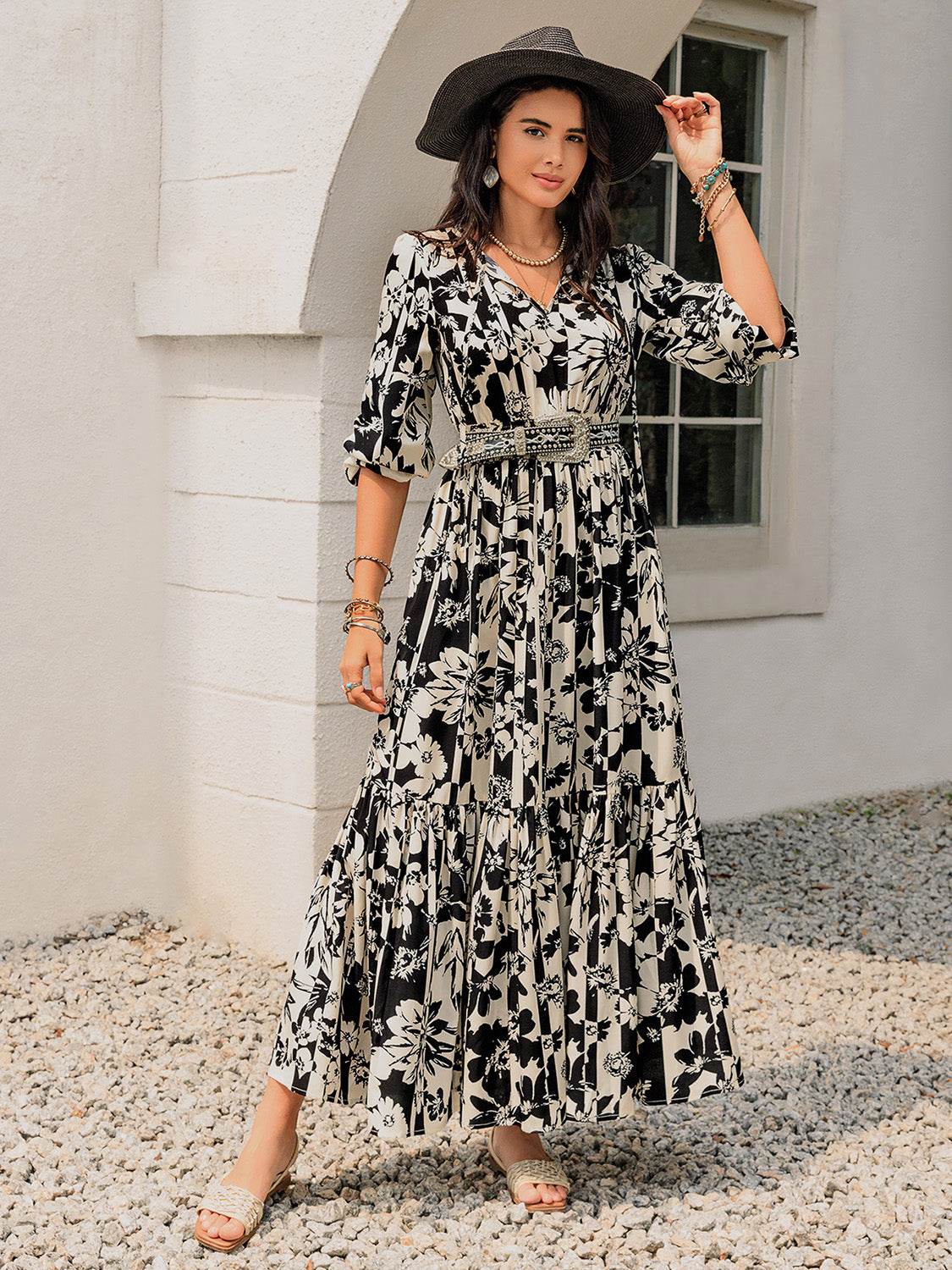Smocked Printed Tie Neck Long Sleeve Dress - Delanoir