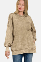 Zenana Exposed Seam Round Neck Dropped Shoulder Sweatshirt - Delanoir