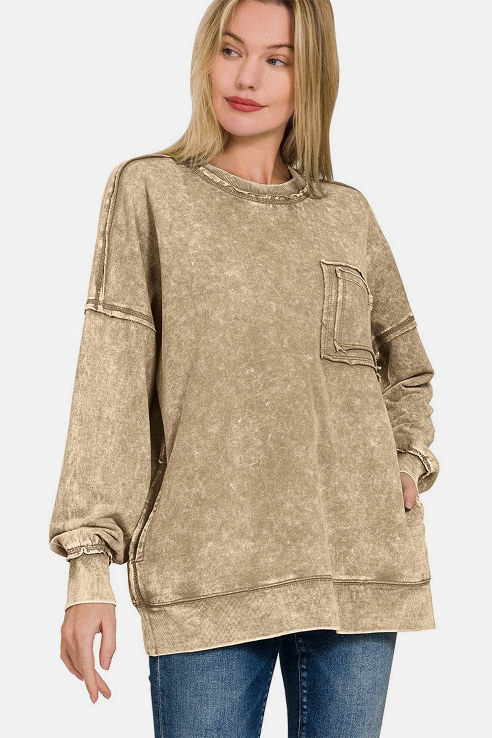 Zenana Exposed Seam Round Neck Dropped Shoulder Sweatshirt - Delanoir