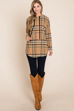 BOMBOM Drawstring Plaid Long Sleeve Hoodie - Delanoir