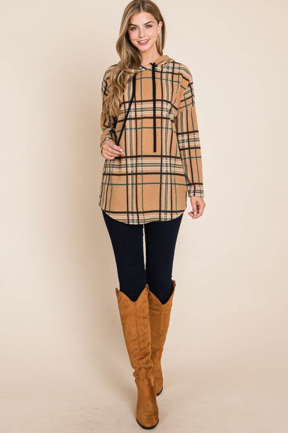 BOMBOM Drawstring Plaid Long Sleeve Hoodie - Delanoir