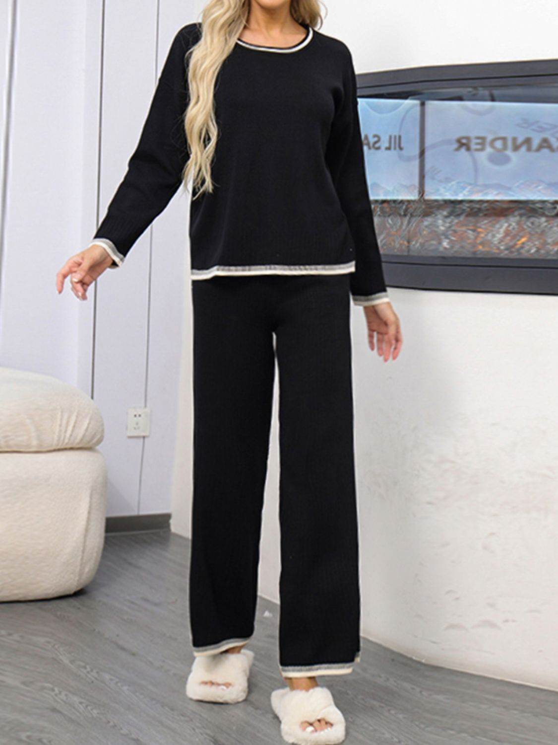 Contrast Trim Round Neck Top and Pants Sweater Set - Delanoir