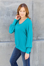 Basic Bae Full Size V-Neck Lantern Sleeve Top - Delanoir