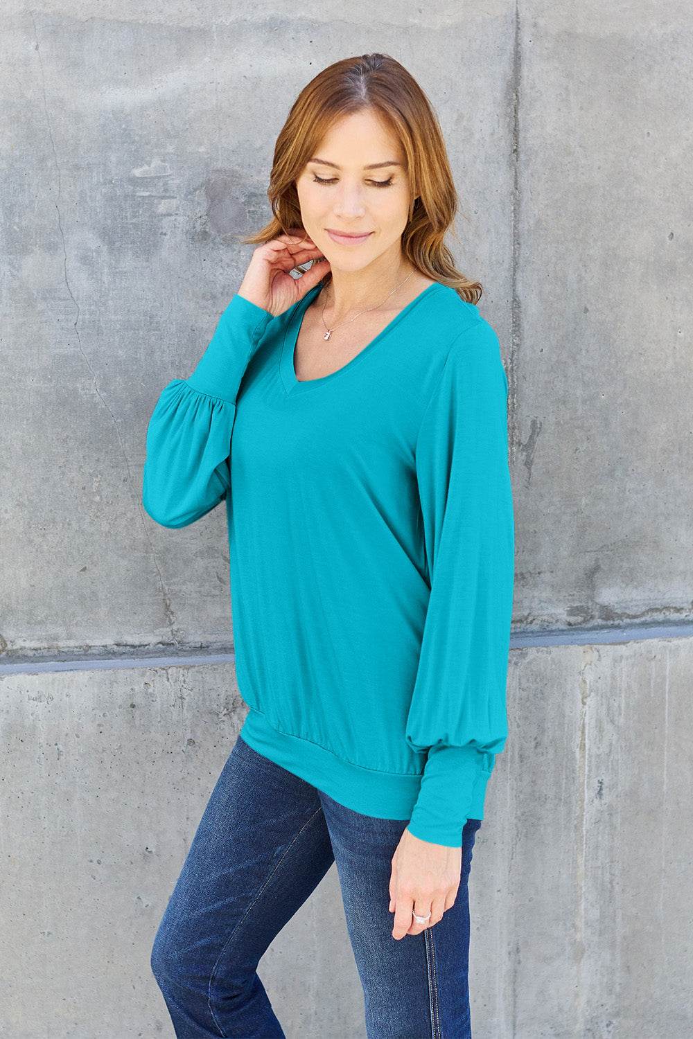 Basic Bae Full Size V-Neck Lantern Sleeve Top - Delanoir
