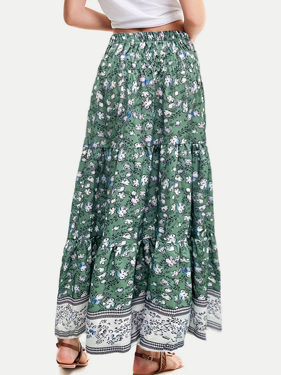 Full Size Tiered Printed Elastic Waist Skirt - Delanoir