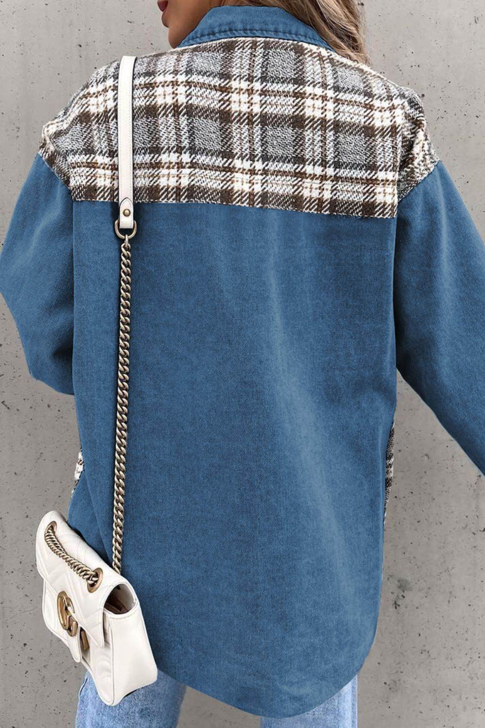 Plaid Pocketed Button Up Denim Jacket - Delanoir