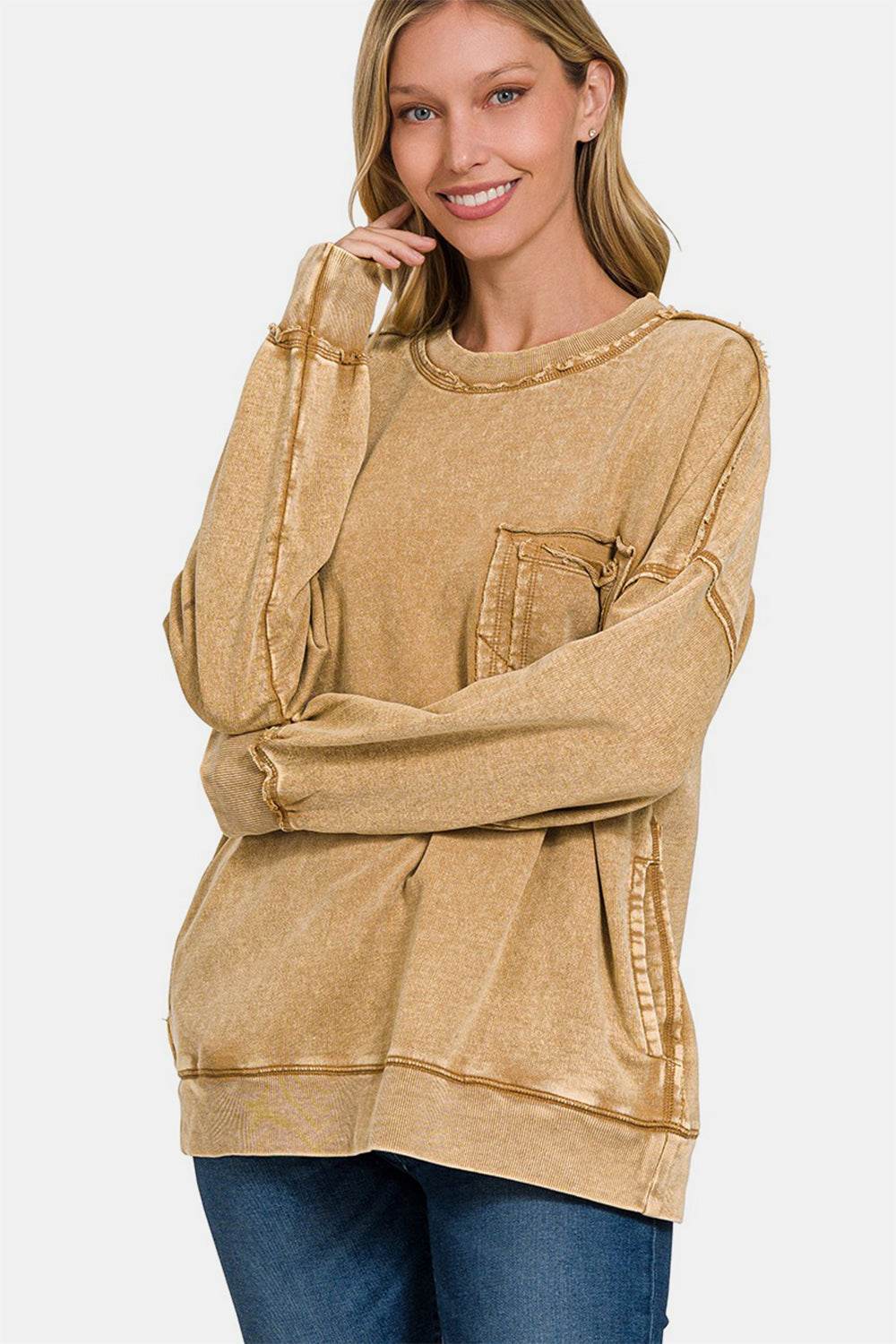 Zenana Exposed Seam Round Neck Dropped Shoulder Sweatshirt - Delanoir