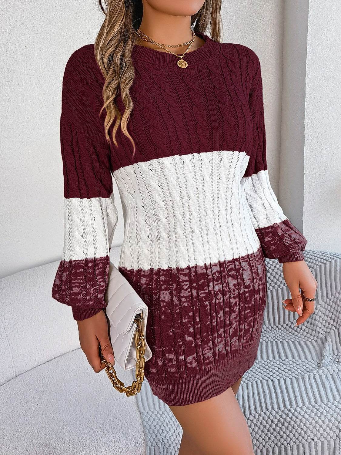 Cable-Knit Round Neck Color Block Sweater Dress - Delanoir