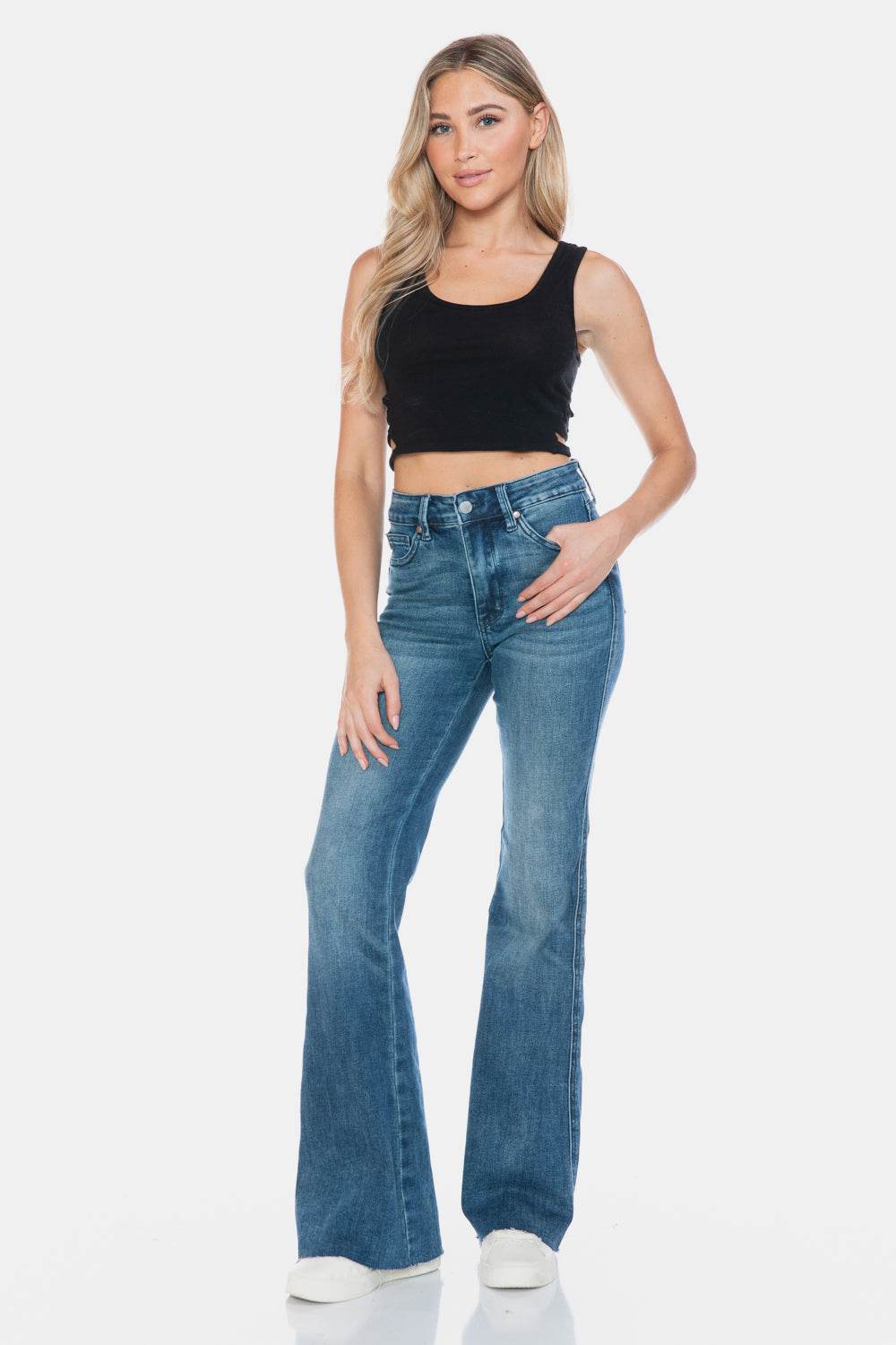 Judy Blue Full Size Tummy Control Cut Hem Flare Jeans - Delanoir