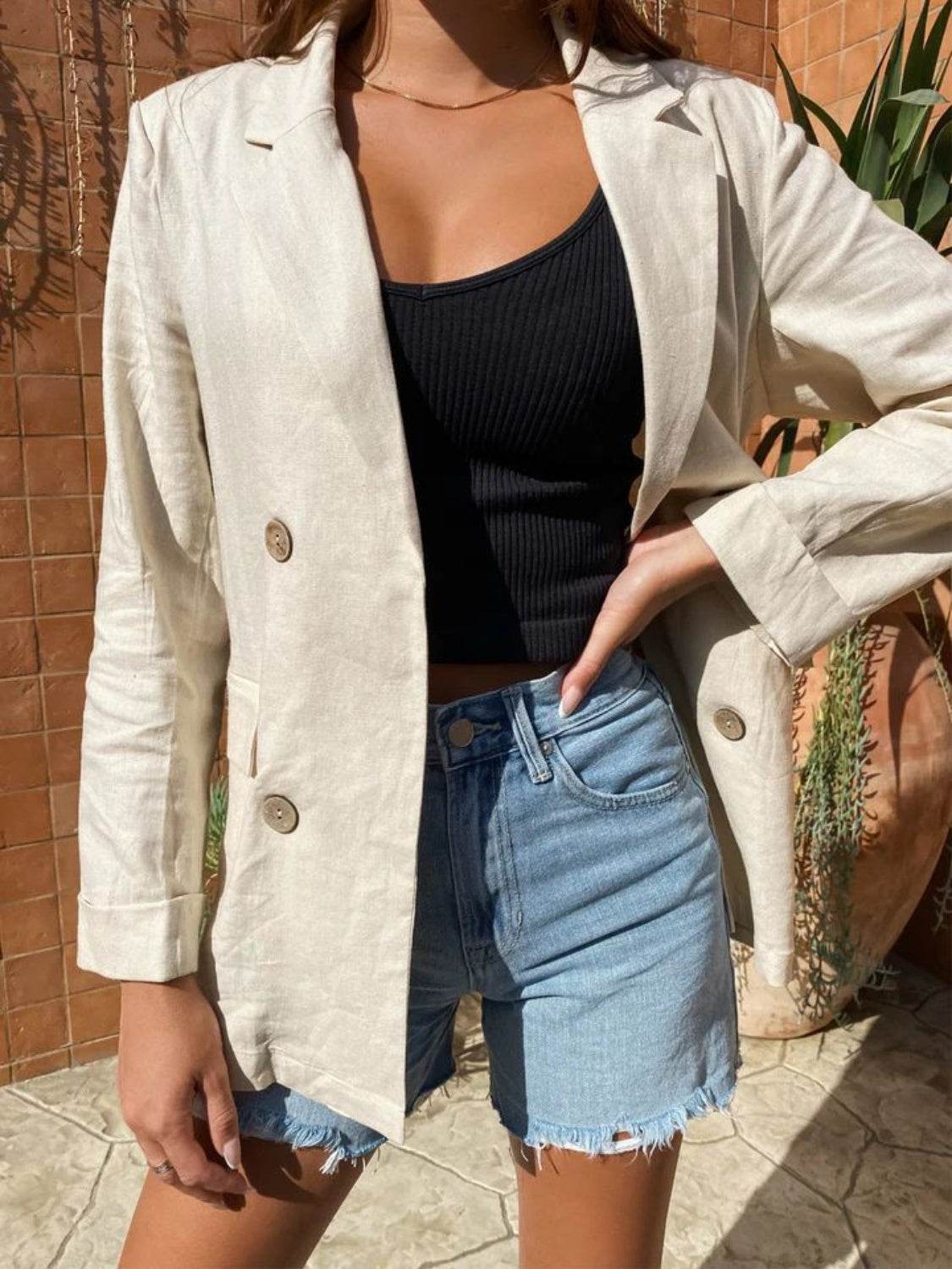 Lapel Collar Long Sleeve Blazer - Delanoir