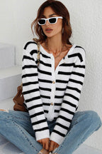 Striped Button Down Long Sleeve Cardigan - Delanoir