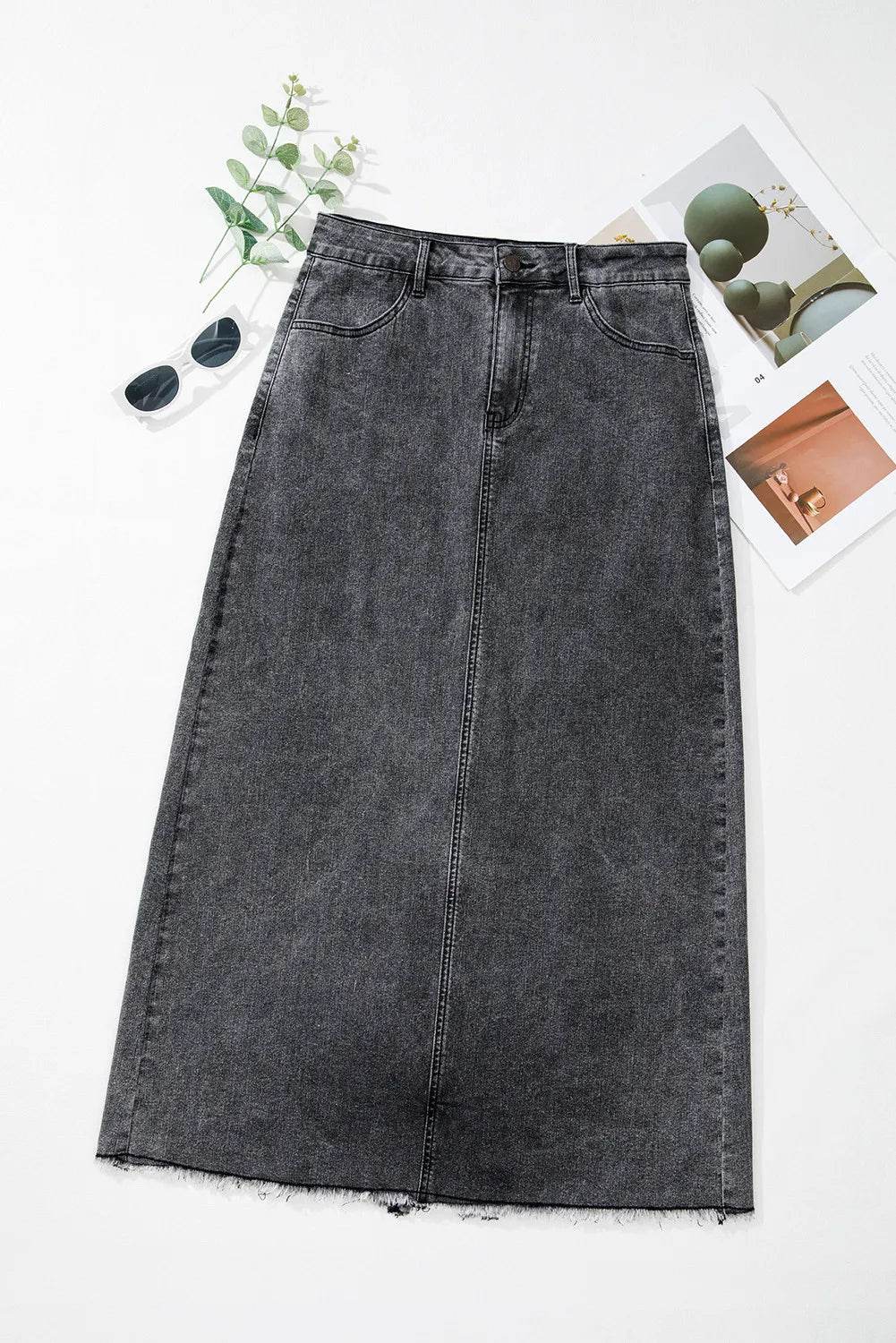 Raw Hem Midi Denim Skirt with Pockets - Delanoir