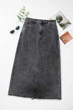 Raw Hem Midi Denim Skirt with Pockets - Delanoir