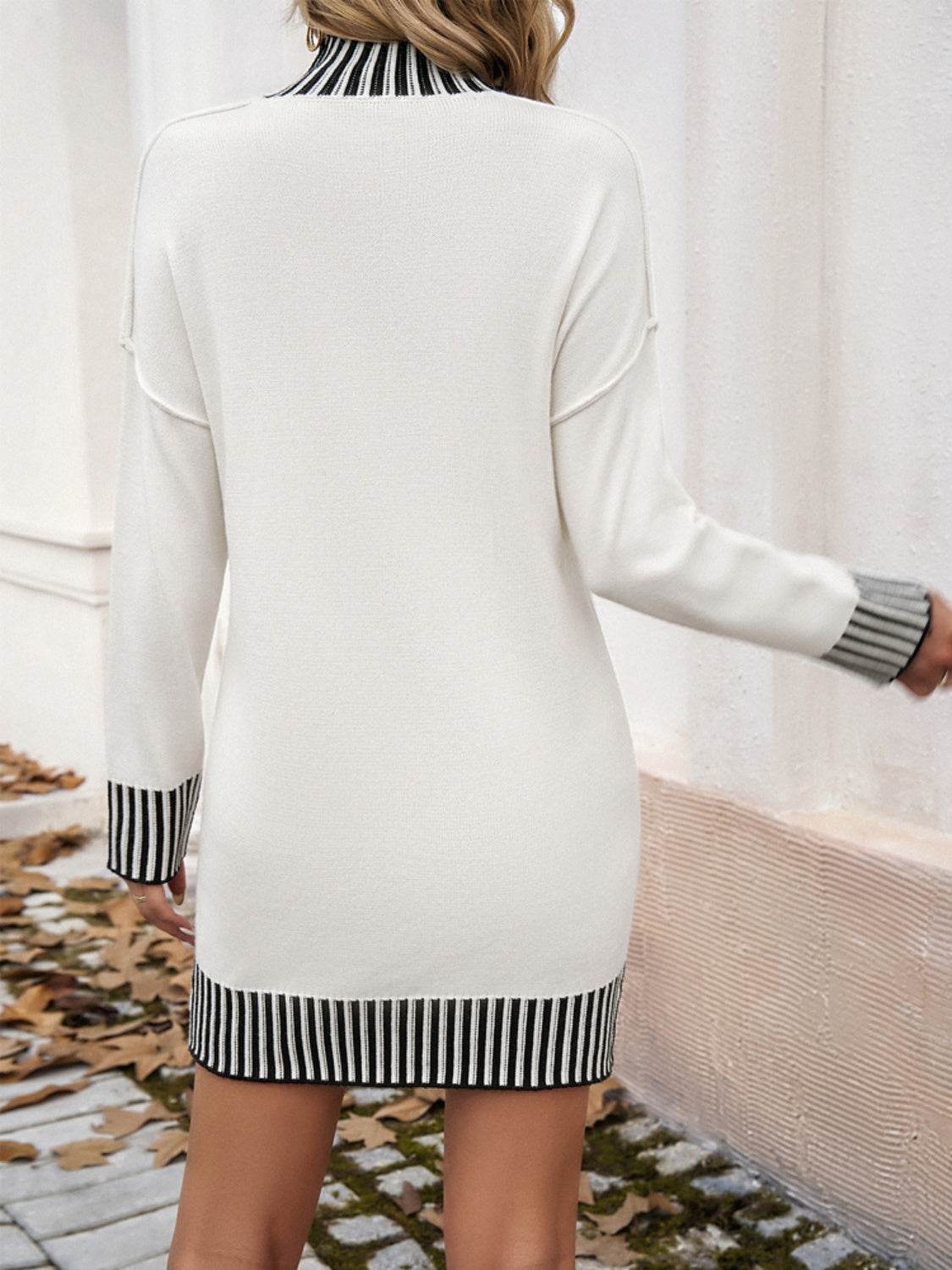 Devine Striped Mock Neck Long Sleeve Sweater Dress - Delanoir