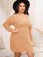Plus Size Dropped Shoulder Long Sleeve Knit Mini Dress - Delanoir