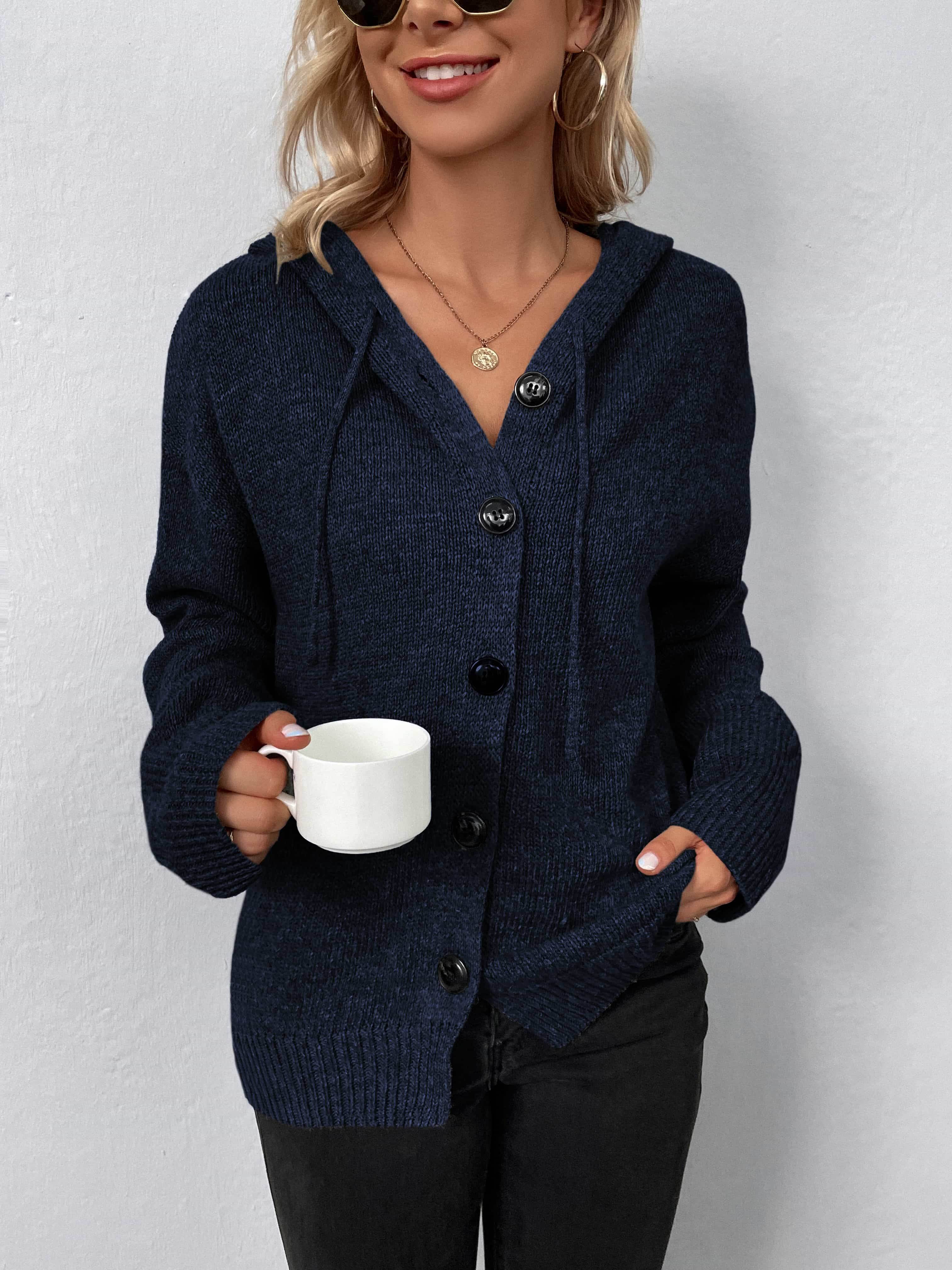 Button-Down Long Sleeve Hooded Sweater - Delanoir