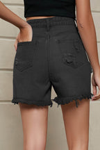 Fringe Trim Distressed Denim Shorts with Pockets - Delanoir