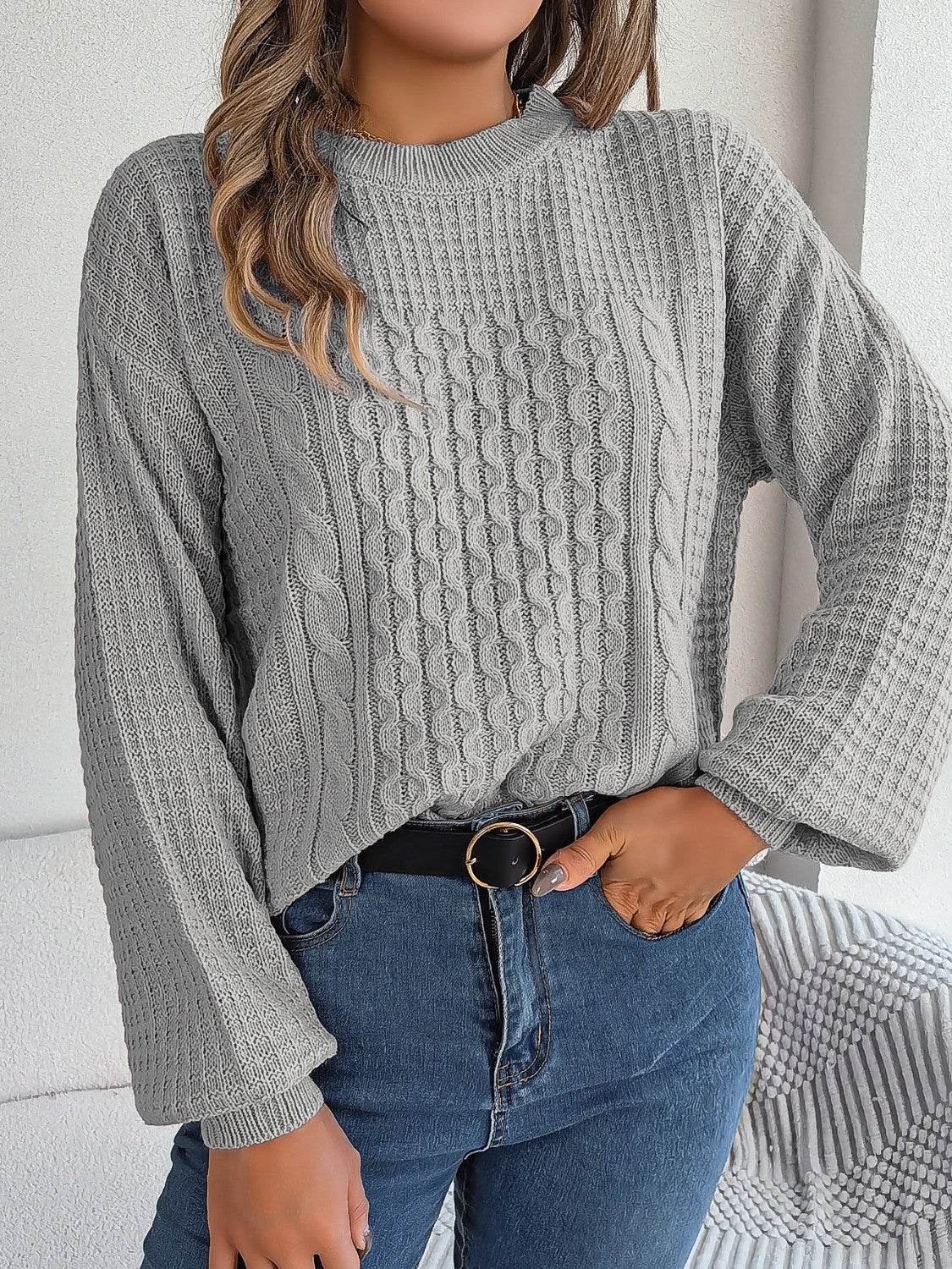 Cable-Knit Round Neck Long Sleeve Sweater - Delanoir