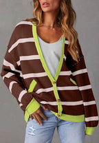 Contrast Stripes Button Down Long Sleeve Cardigan - Delanoir