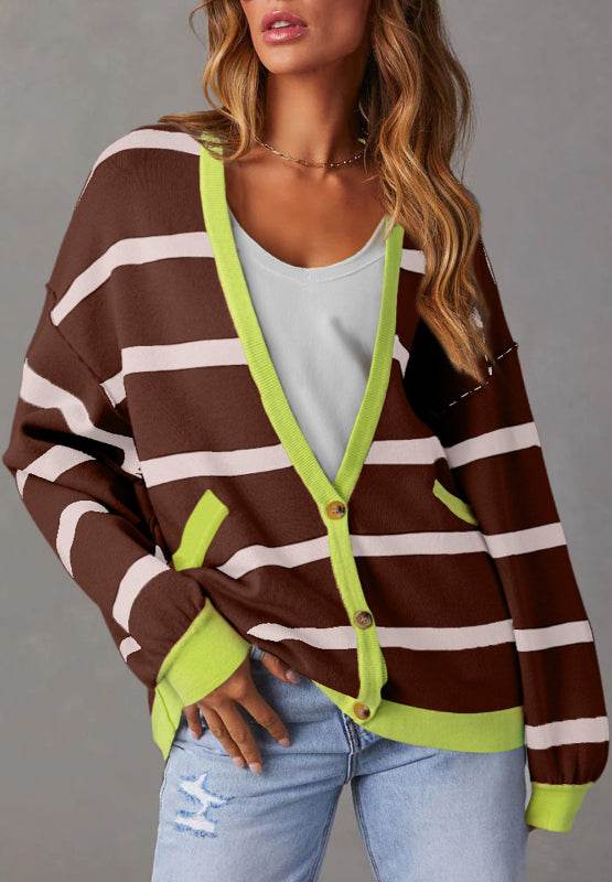 Contrast Stripes Button Down Long Sleeve Cardigan - Delanoir