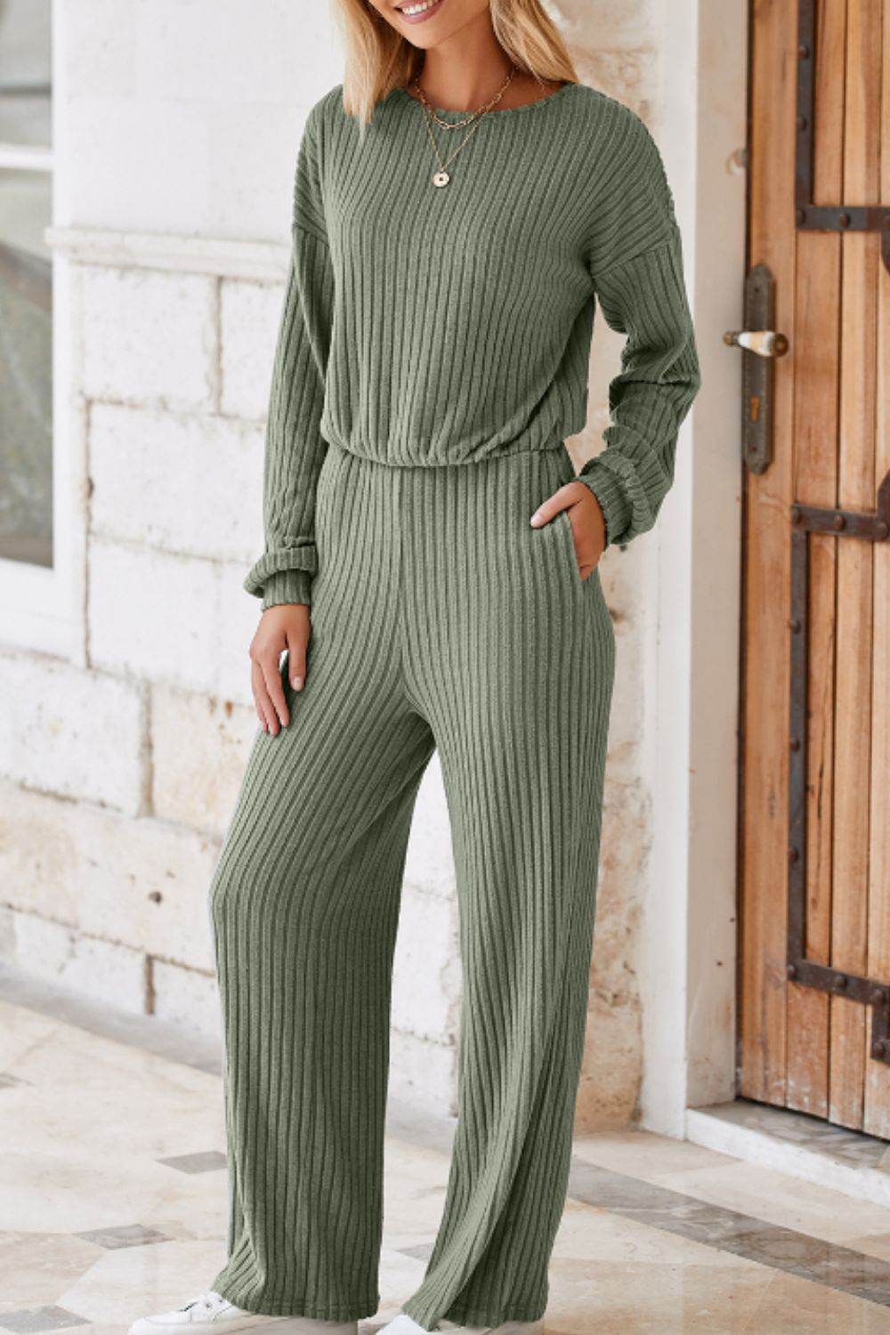 Round Neck Long Sleeve Jumpsuit - Delanoir