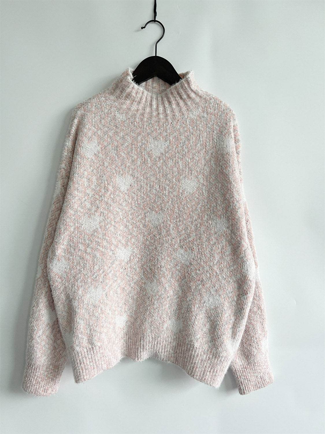 Heart Heathered Turtleneck Drop Shoulder Sweater - Delanoir