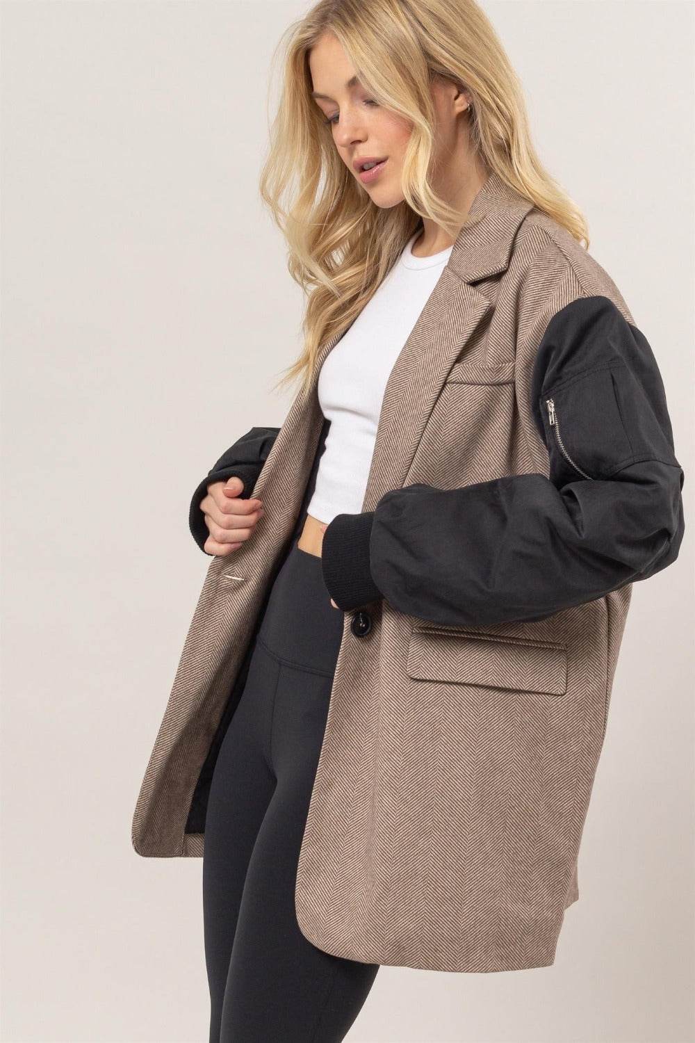HYFVE Herringbone Mixed Media Contrast Long Sleeve Blazer - Delanoir
