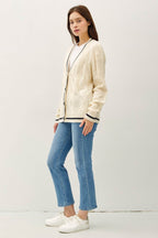 Be Cool Contrast Trim Cable-Knit V-Neck Cardigan - Delanoir