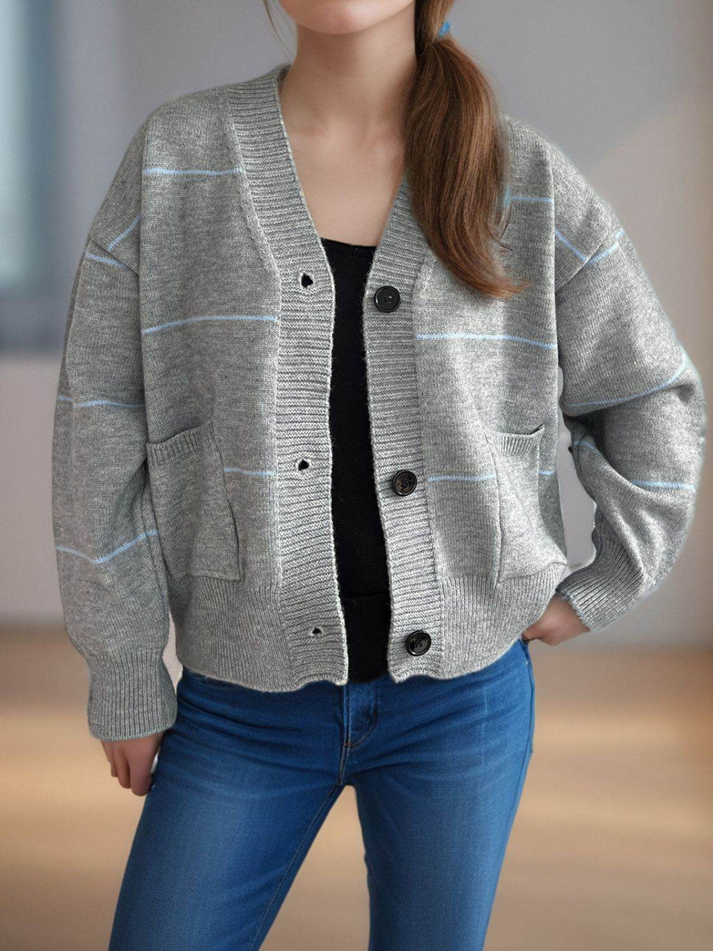 Striped Button Down V-Neck Long Sleeve Cardigan - Delanoir