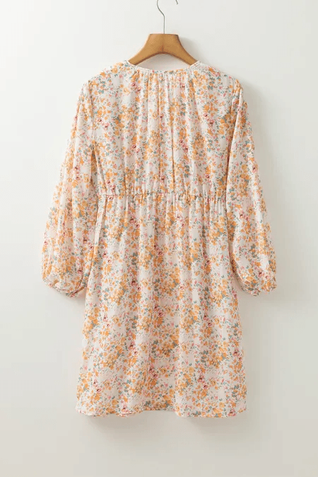 Printed V-Neck Balloon Sleeve Mini Dress - Delanoir