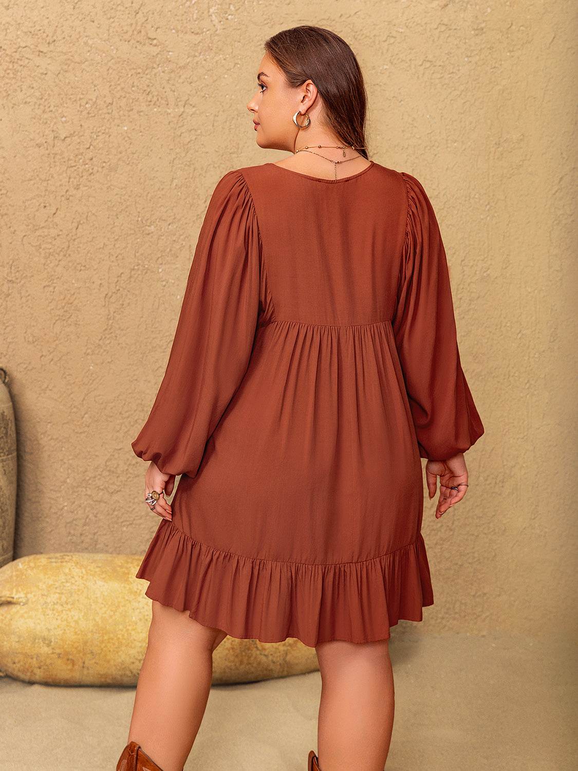 Plus Size Embroidered Tie Neck Balloon Sleeve Mini Dress - Delanoir