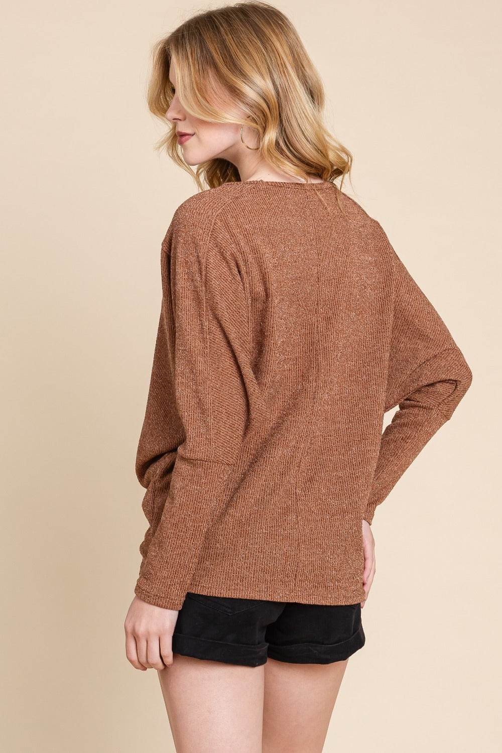 BOMBOM Drop Shoulder Long Sleeve Knit Top - Delanoir
