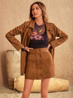 Button Up Collared Neck Jacket and Skirt Set - Delanoir