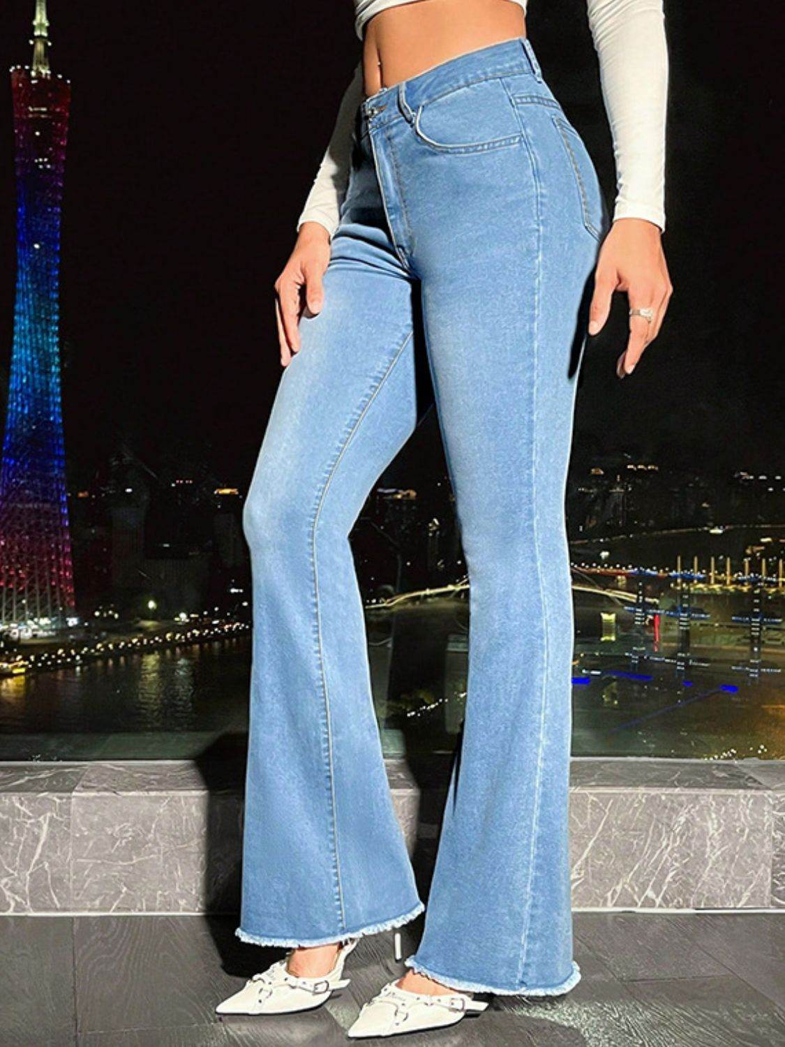 Raw Hem Bootcut Jeans with Pockets - Delanoir