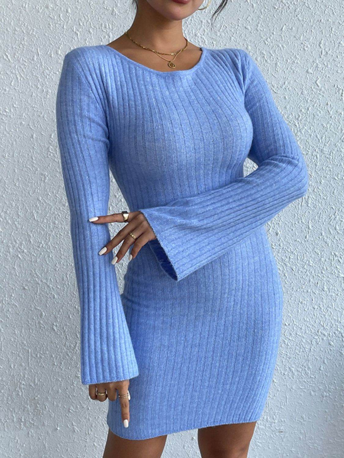 Backless Round Neck Long Sleeve Sweater Dress - Delanoir