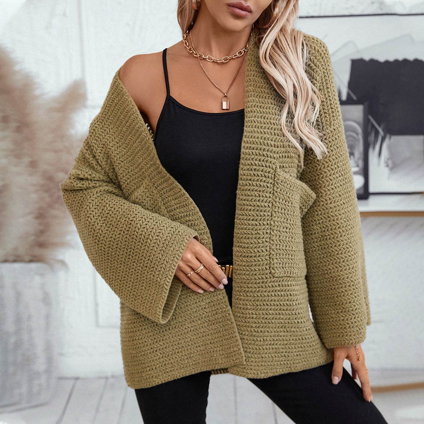 Open Front Long Sleeve Cardigan - Delanoir