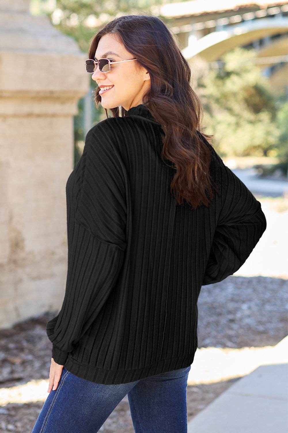 Basic Bae Full Size Ribbed Exposed Seam Mock Neck Knit Top - Delanoir