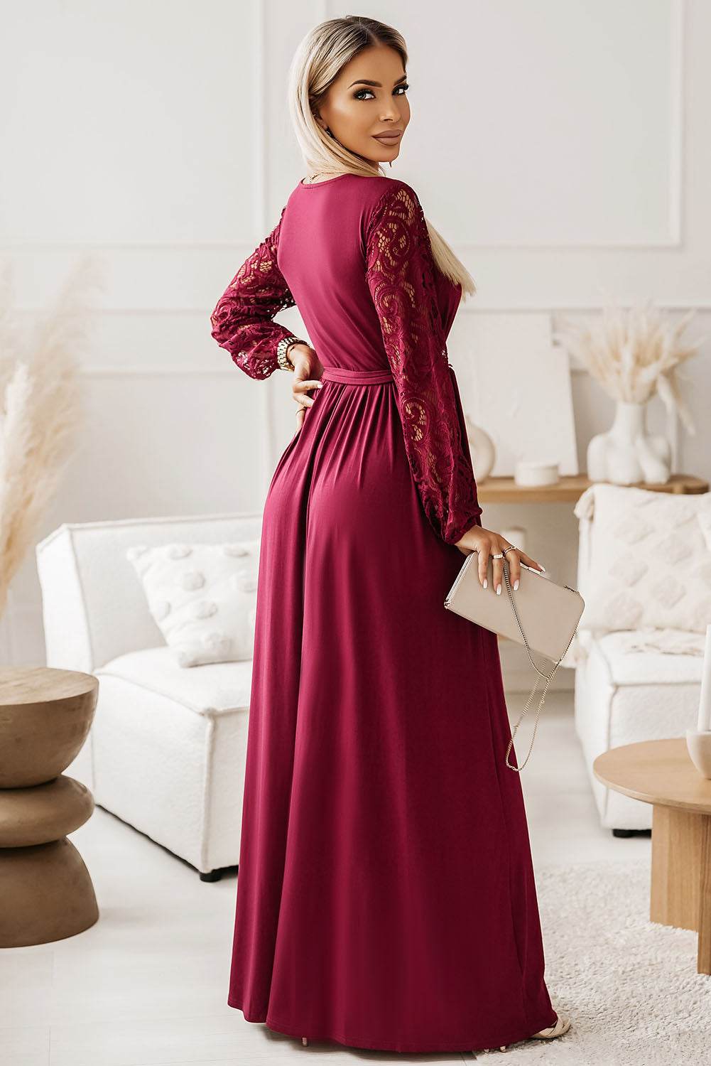 Lace Detail Surplice Tie-Waist Maxi Dress - Delanoir
