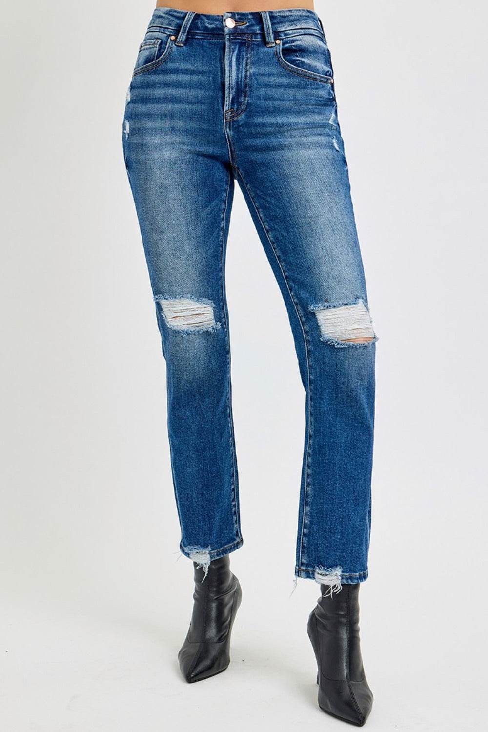 RISEN Full Size High Rise Distressed Crop Straight Jeans - Delanoir